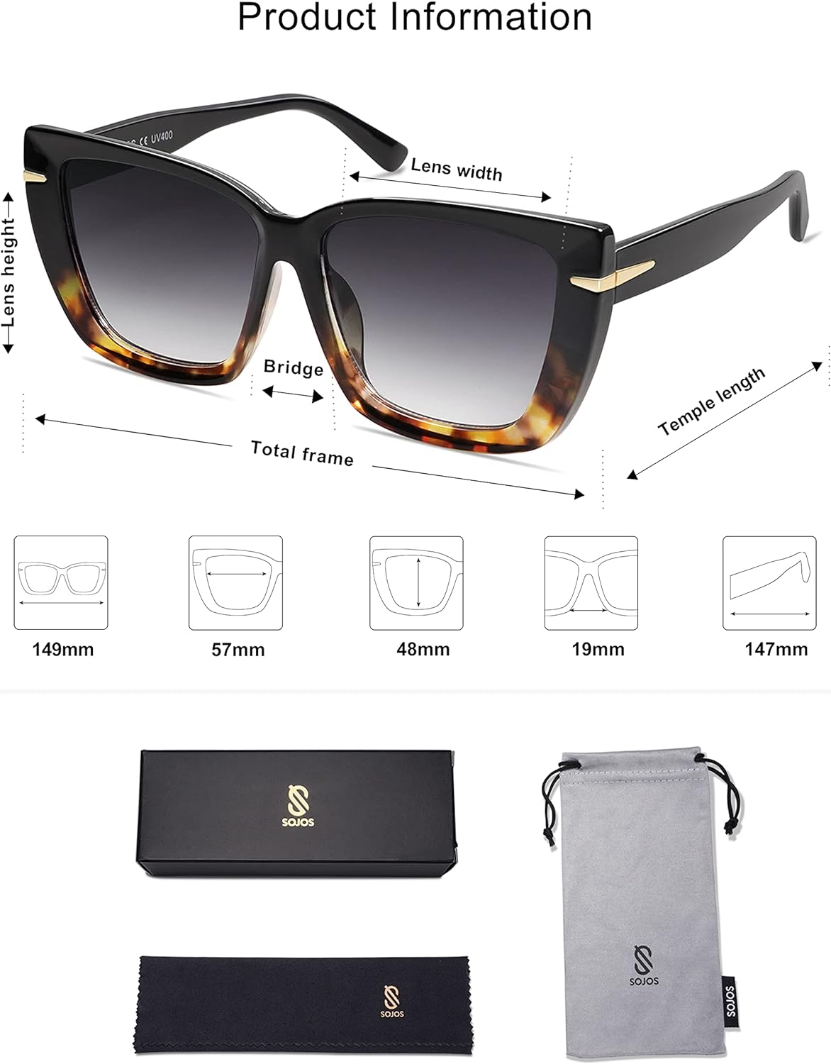 SOJOS Oversized Cat Eye Sunglasses Womens Retro Vintage 70s Trendy Stylish Shades SJ2231Black amp TortoiseGrey