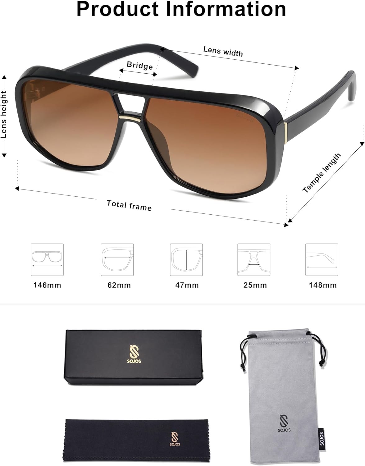 SOJOS Retro Oversized Aviator Polarized Sunglasses Women Men Square Vintage Womens Shades SJ2304BlackBrown Grading
