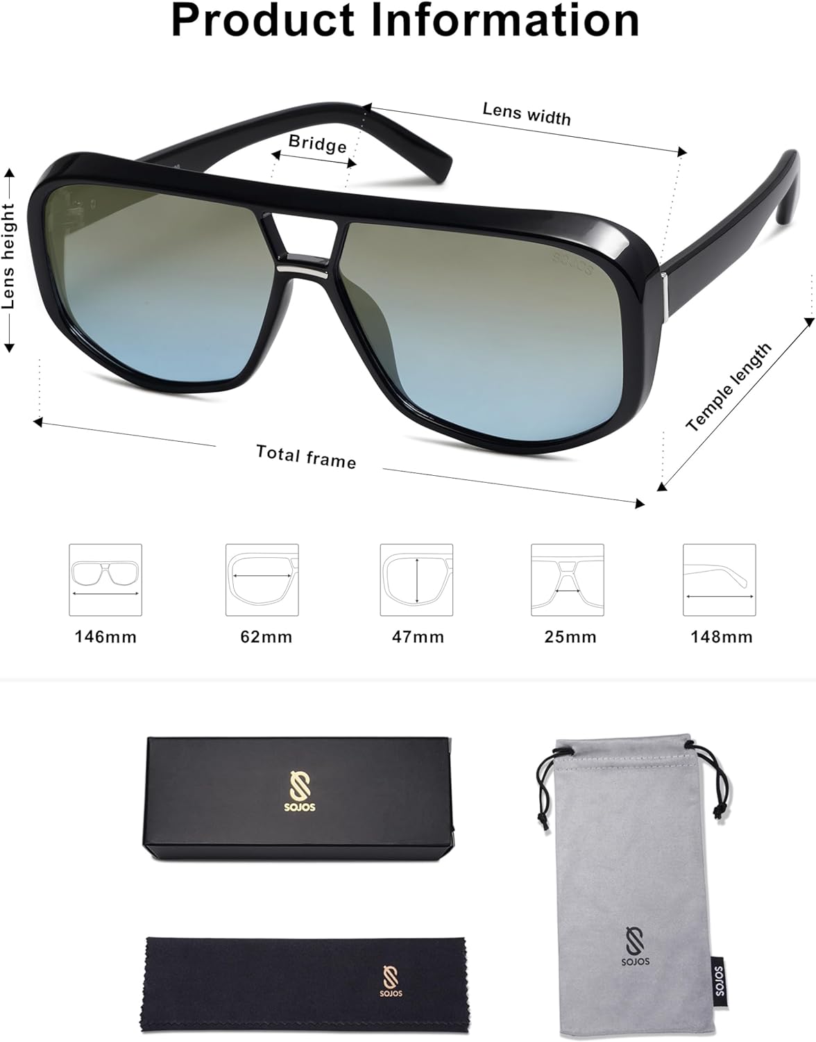 SOJOS Retro Oversized Aviator Polarized Sunglasses Women Men Square Vintage Womens Shades SJ2304BlackGrey Blue Grading