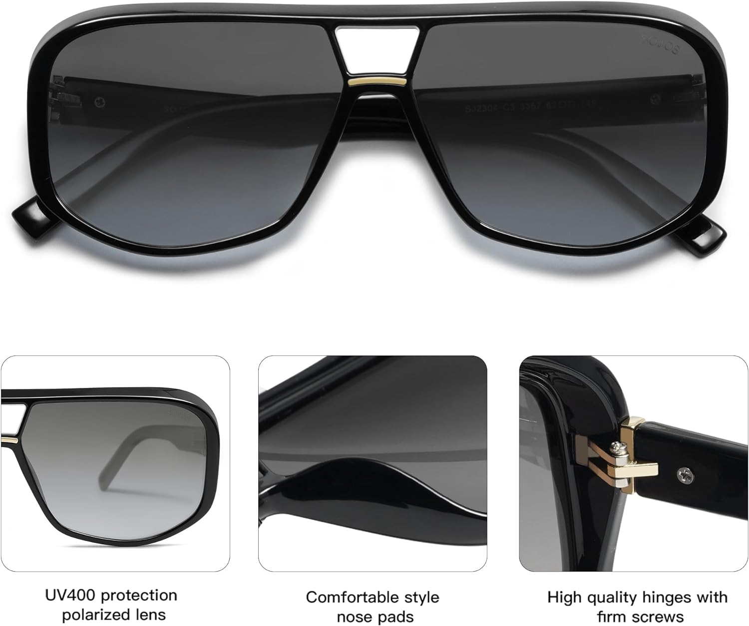 SOJOS Retro Oversized Aviator Polarized Sunglasses Women Men Square Vintage Womens Shades SJ2304BlackGrey Grading