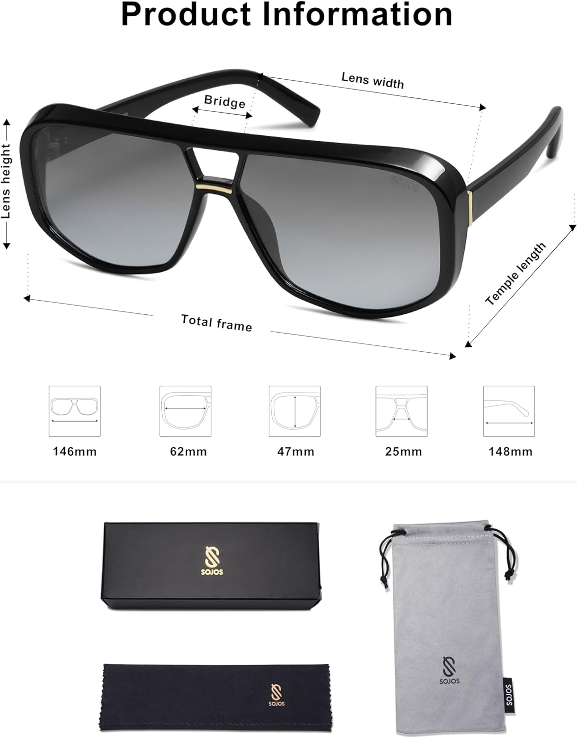 SOJOS Retro Oversized Aviator Polarized Sunglasses Women Men Square Vintage Womens Shades SJ2304BlackGrey Grading