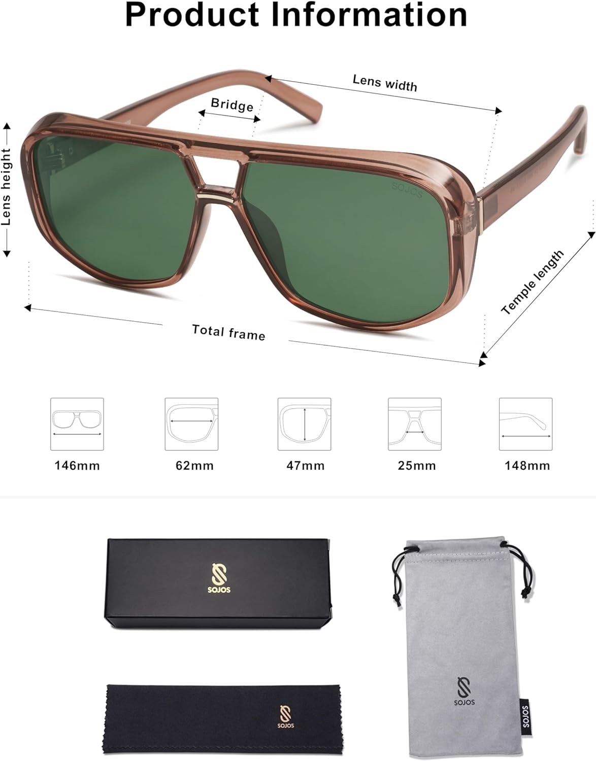 SOJOS Retro Oversized Aviator Polarized Sunglasses Women Men Square Vintage Womens Shades SJ2304Dark BrownGreen Lens