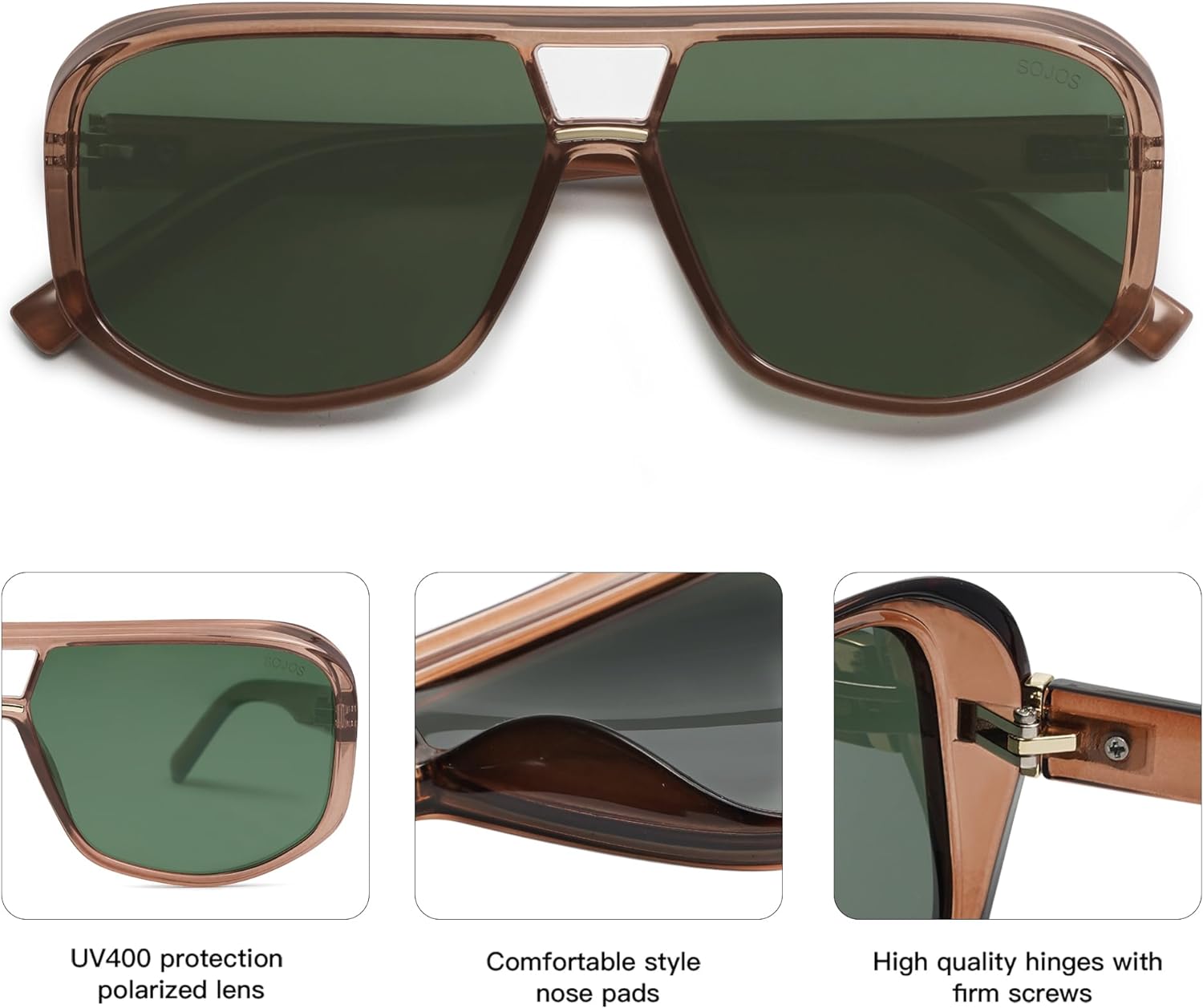 SOJOS Retro Oversized Aviator Polarized Sunglasses Women Men Square Vintage Womens Shades SJ2304Dark BrownGreen Lens