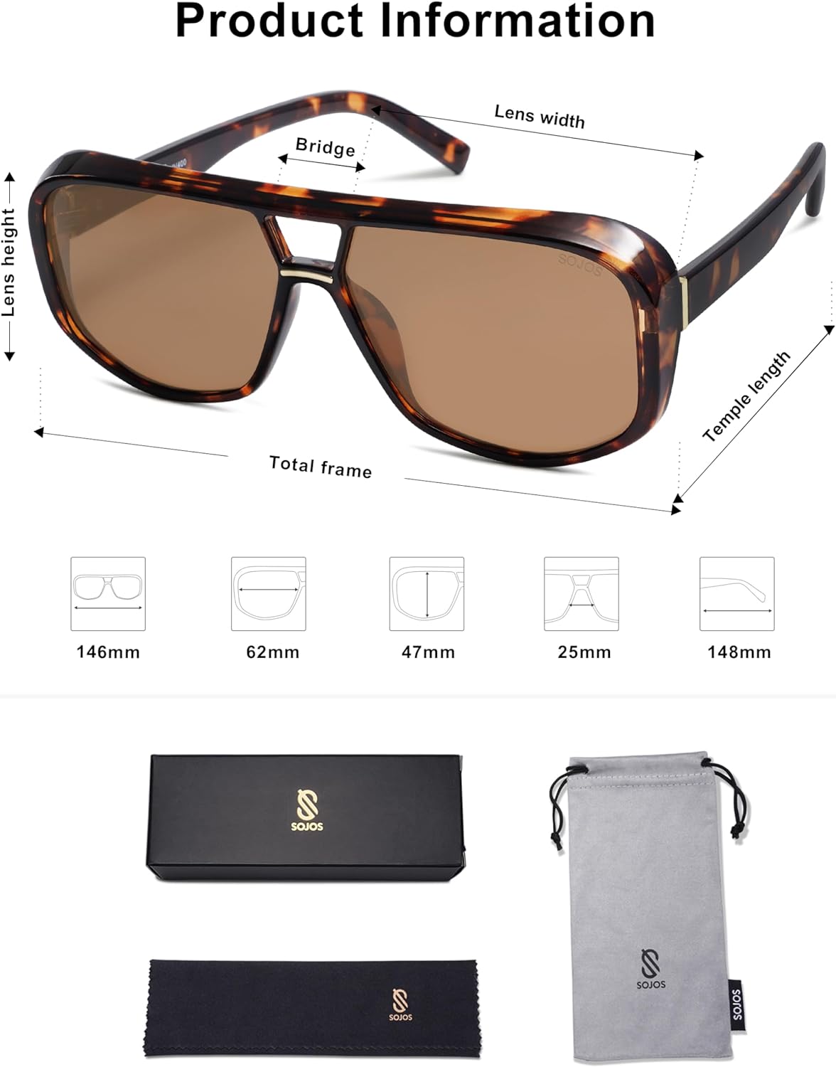 SOJOS Retro Oversized Aviator Polarized Sunglasses Women Men Square Vintage Womens Shades SJ2304TortoiseBrown Lens