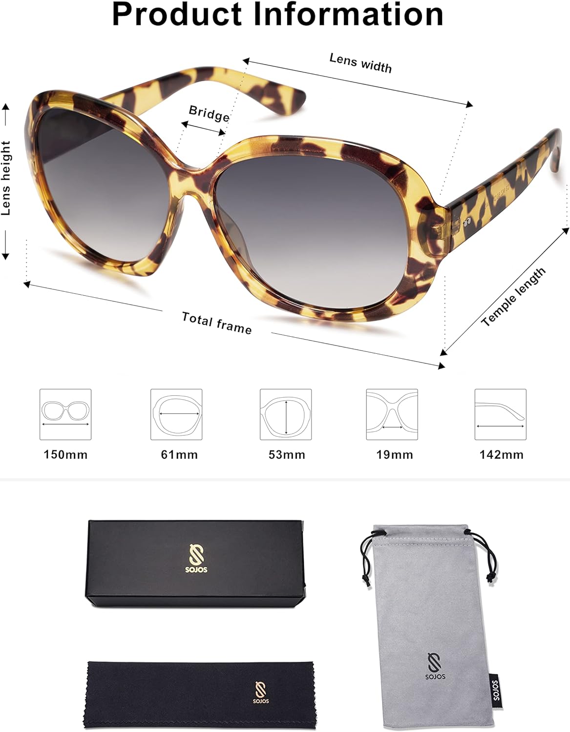 SOJOS Vintage Polarized Sunglasses Womens Trendy Oversize Big Frame Sun Glasses UV Protection SJ2209Yellow Tortoise Grey