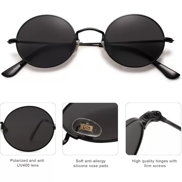 SOJOS Lennon Round Polarized Sunglasses for Men Women 70s Circle Hippie Costume Sun Glasses SJ1167Black Frame Grey Lens Grey Lens