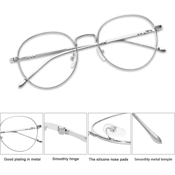 SOJOS Retro Round Anti Blue Ray Light Blocking Computer Game Glasses Eyeglasses GLORY SJ5039C02 Silver Frame AntiBlue Light Lens