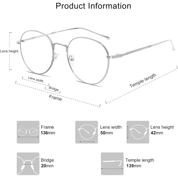 SOJOS Retro Round Anti Blue Ray Light Blocking Computer Game Glasses Eyeglasses GLORY SJ5039C02 Silver Frame AntiBlue Light Lens