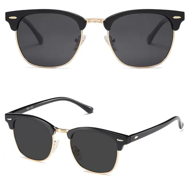 SOJOS Retro Semi Rimless Polarized Sunglasses Horn Rimmed UV400 Glasses SJ5018C01 Black FrameGrey Lens