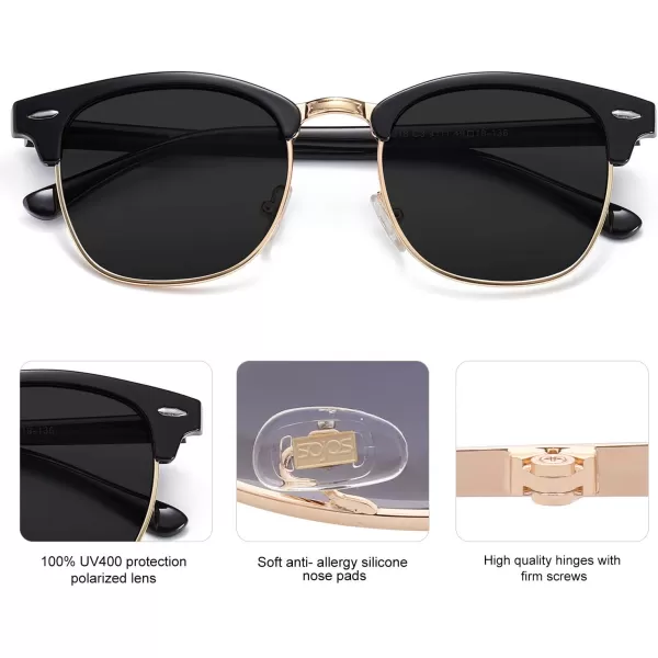 SOJOS Retro Semi Rimless Polarized Sunglasses Horn Rimmed UV400 Glasses SJ5018C01 Black FrameGrey Lens