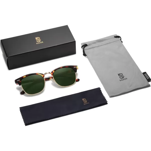 SOJOS Retro Semi Rimless Polarized Sunglasses Horn Rimmed UV400 Glasses SJ5018C010 Yellow Tortoise FrameGreen Lens