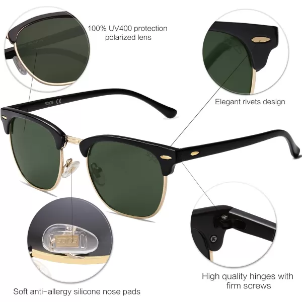SOJOS Retro Semi Rimless Polarized Sunglasses Horn Rimmed UV400 Glasses SJ5018C02 Black FrameGreen Lens
