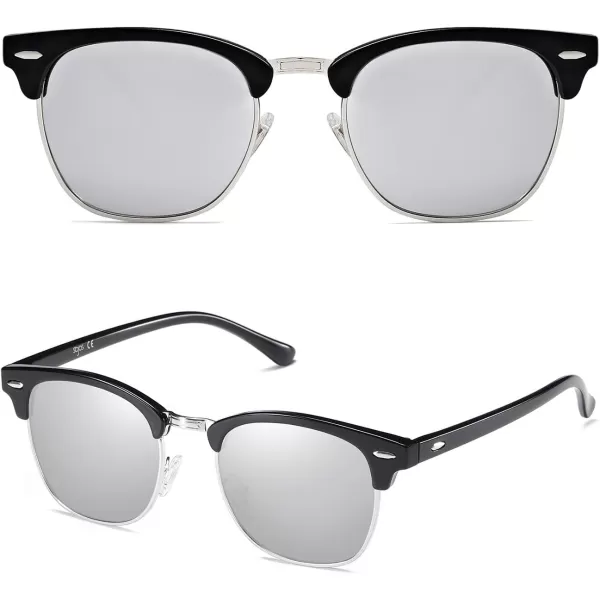SOJOS Retro Semi Rimless Polarized Sunglasses Horn Rimmed UV400 Glasses SJ5018C03 Black FrameSilver Mirrored Lens