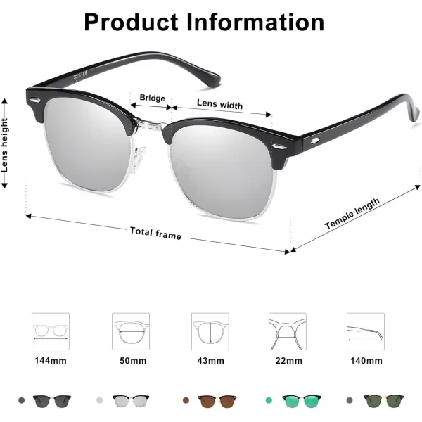 SOJOS Retro Semi Rimless Polarized Sunglasses Horn Rimmed UV400 Glasses SJ5018C03 Black FrameSilver Mirrored Lens