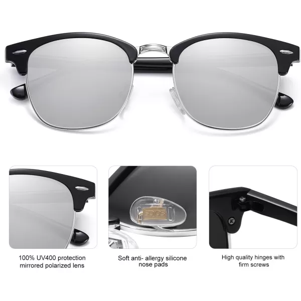 SOJOS Retro Semi Rimless Polarized Sunglasses Horn Rimmed UV400 Glasses SJ5018C03 Black FrameSilver Mirrored Lens