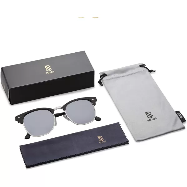 SOJOS Retro Semi Rimless Polarized Sunglasses Horn Rimmed UV400 Glasses SJ5018C03 Black FrameSilver Mirrored Lens
