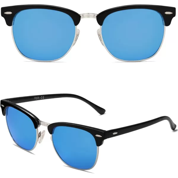 SOJOS Retro Semi Rimless Polarized Sunglasses Horn Rimmed UV400 Glasses SJ5018C04 Black FrameBlue Mirrored Lens