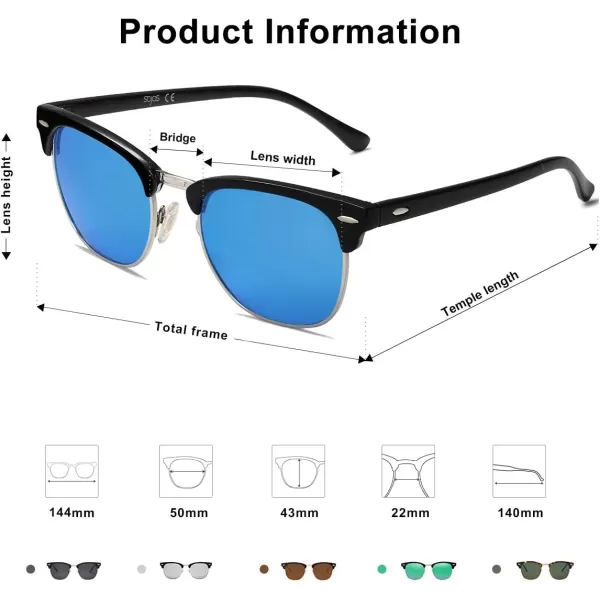 SOJOS Retro Semi Rimless Polarized Sunglasses Horn Rimmed UV400 Glasses SJ5018C04 Black FrameBlue Mirrored Lens