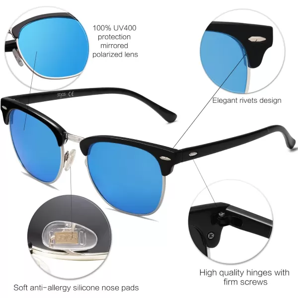 SOJOS Retro Semi Rimless Polarized Sunglasses Horn Rimmed UV400 Glasses SJ5018C04 Black FrameBlue Mirrored Lens