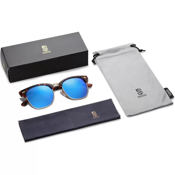 SOJOS Retro Semi Rimless Polarized Sunglasses Horn Rimmed UV400 Glasses SJ5018C04 Black FrameBlue Mirrored Lens