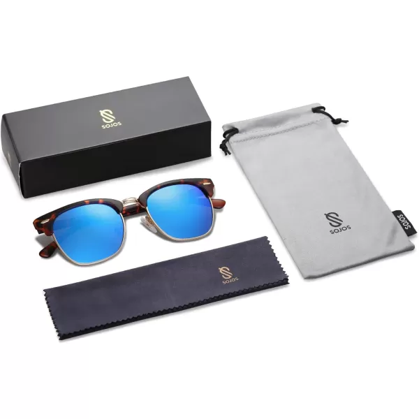 SOJOS Retro Semi Rimless Polarized Sunglasses Horn Rimmed UV400 Glasses SJ5018C08 Tortoise FrameBlue Mirrored Lens