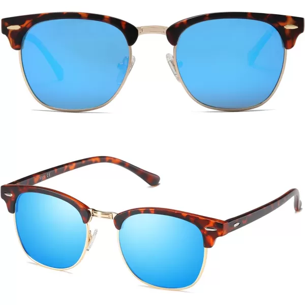 SOJOS Retro Semi Rimless Polarized Sunglasses Horn Rimmed UV400 Glasses SJ5018C08 Tortoise FrameBlue Mirrored Lens