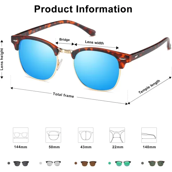 SOJOS Retro Semi Rimless Polarized Sunglasses Horn Rimmed UV400 Glasses SJ5018C08 Tortoise FrameBlue Mirrored Lens