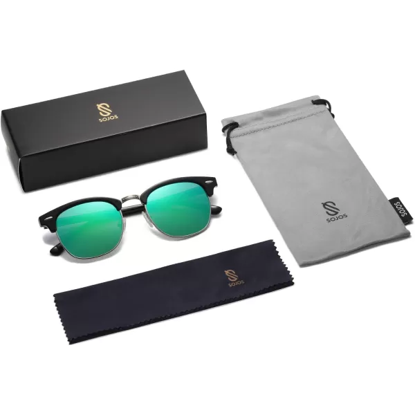 SOJOS Retro Semi Rimless Polarized Sunglasses Horn Rimmed UV400 Glasses SJ5018C09 Black FrameGreen Mirrored Lens