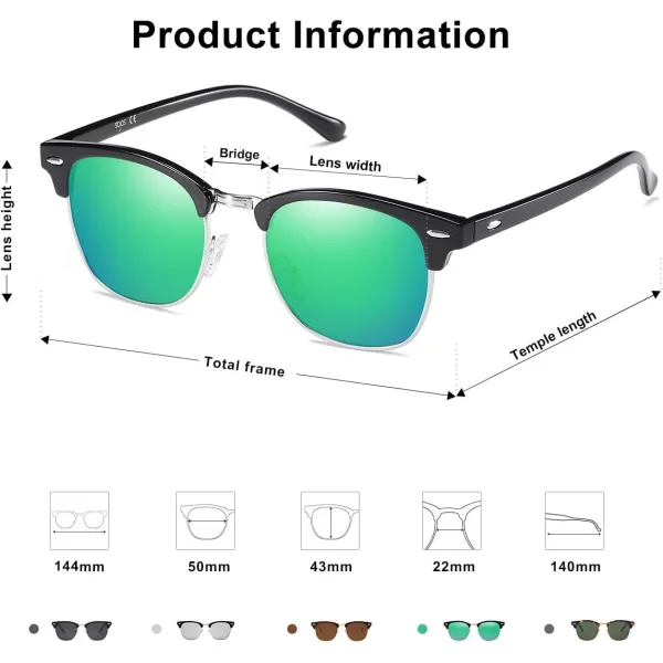 SOJOS Retro Semi Rimless Polarized Sunglasses Horn Rimmed UV400 Glasses SJ5018C09 Black FrameGreen Mirrored Lens