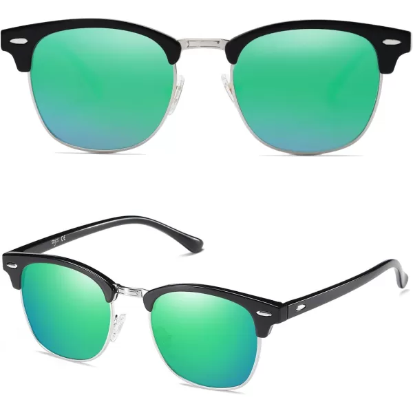 SOJOS Retro Semi Rimless Polarized Sunglasses Horn Rimmed UV400 Glasses SJ5018C09 Black FrameGreen Mirrored Lens