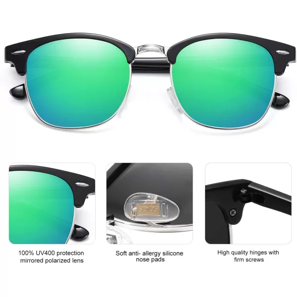 SOJOS Retro Semi Rimless Polarized Sunglasses Horn Rimmed UV400 Glasses SJ5018C09 Black FrameGreen Mirrored Lens