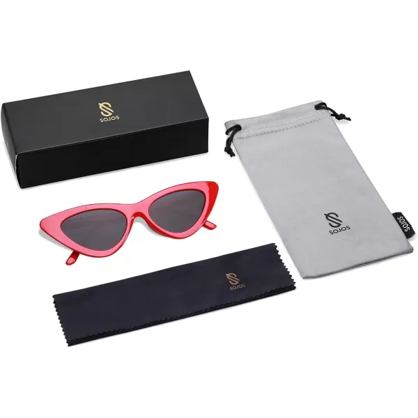 SOJOS Retro Vintage Narrow Cat Eye Sunglasses for Women Clout Goggles Plastic Frame Cardi SJ2044A RedGrey