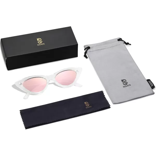 SOJOS Retro Vintage Narrow Cat Eye Sunglasses for Women Clout Goggles Plastic Frame Cardi SJ2044TransparentPink Mirrored