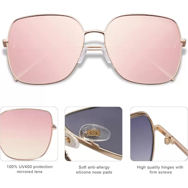 SOJOS Trendy Oversized Square Metal Frame Sunglasses for Women Men Flat Mirrored Lens UV Protection Sunglasses SJ1146GoldPink