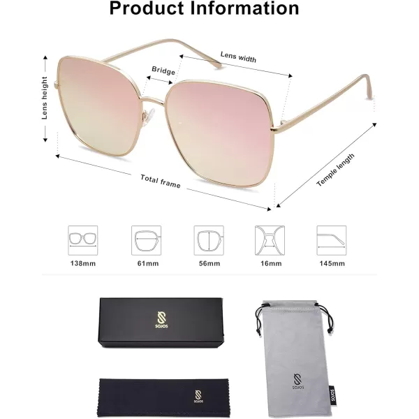 SOJOS Trendy Oversized Square Metal Frame Sunglasses for Women Men Flat Mirrored Lens UV Protection Sunglasses SJ1146GoldPink