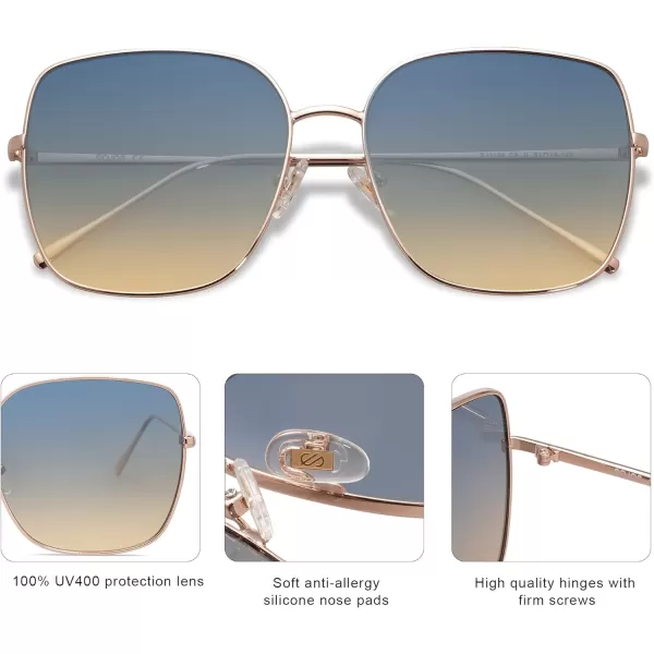 SOJOS Trendy Oversized Square Metal Frame Sunglasses for Women Men Flat Mirrored Lens UV Protection Sunglasses SJ1146Rose GoldBlueampbrown