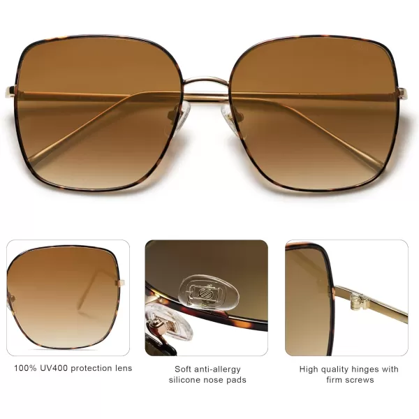 SOJOS Trendy Oversized Square Metal Frame Sunglasses for Women Men Flat Mirrored Lens UV Protection Sunglasses SJ1146TortoiseBrown