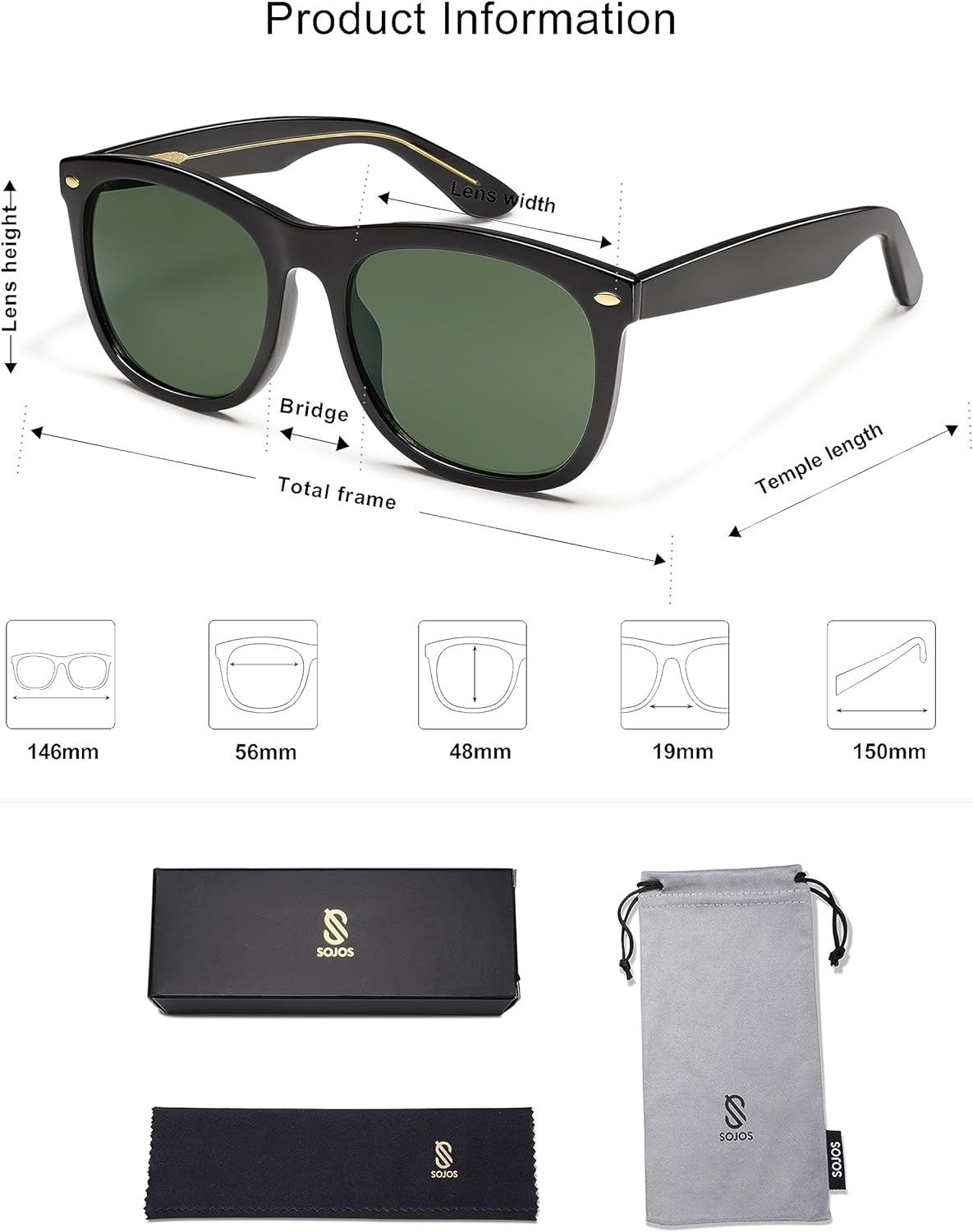 SOJOS Classic Square Sunglasses for Women Men Vintage Retro Oversized Womens UV400 Sun Glasses SJ2270Shiny BlackGreen