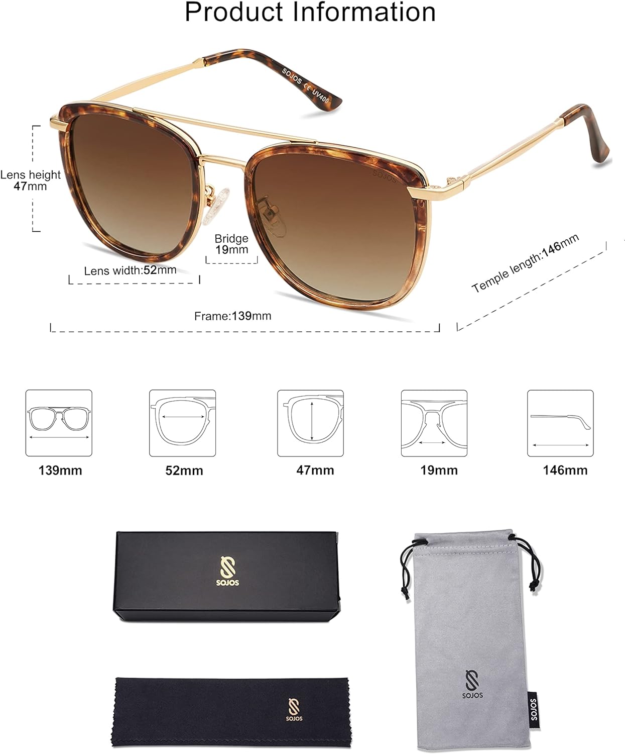 SOJOS Retro Aviator Square Polarized Sunglasses For Women MenVintage Womens Sun Glasses Shades UV400 SJ2180Brown TortoiseBrown Grading