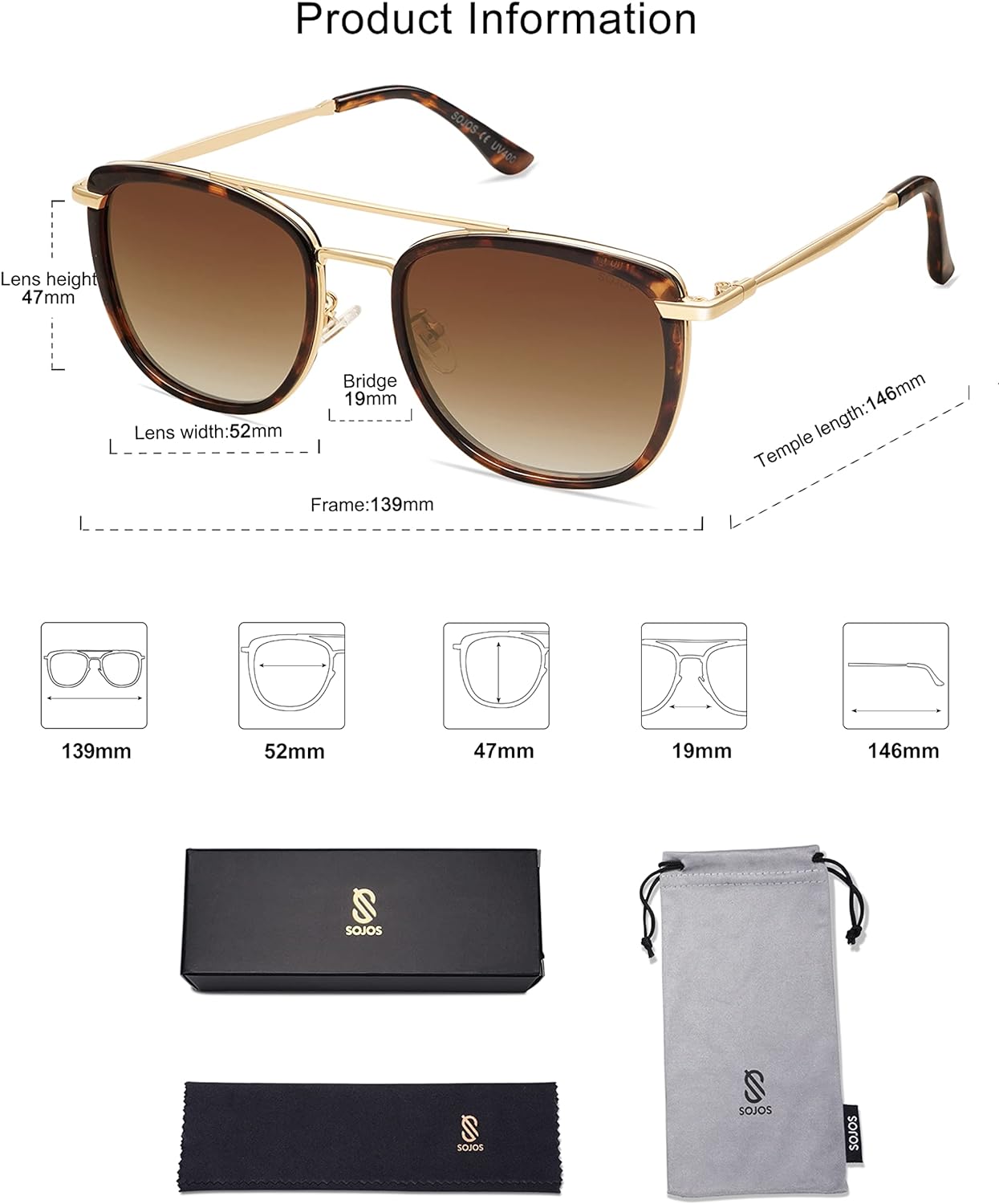 SOJOS Retro Aviator Square Polarized Sunglasses For Women MenVintage Womens Sun Glasses Shades UV400 SJ2180Dark TortoiseBrown Grading