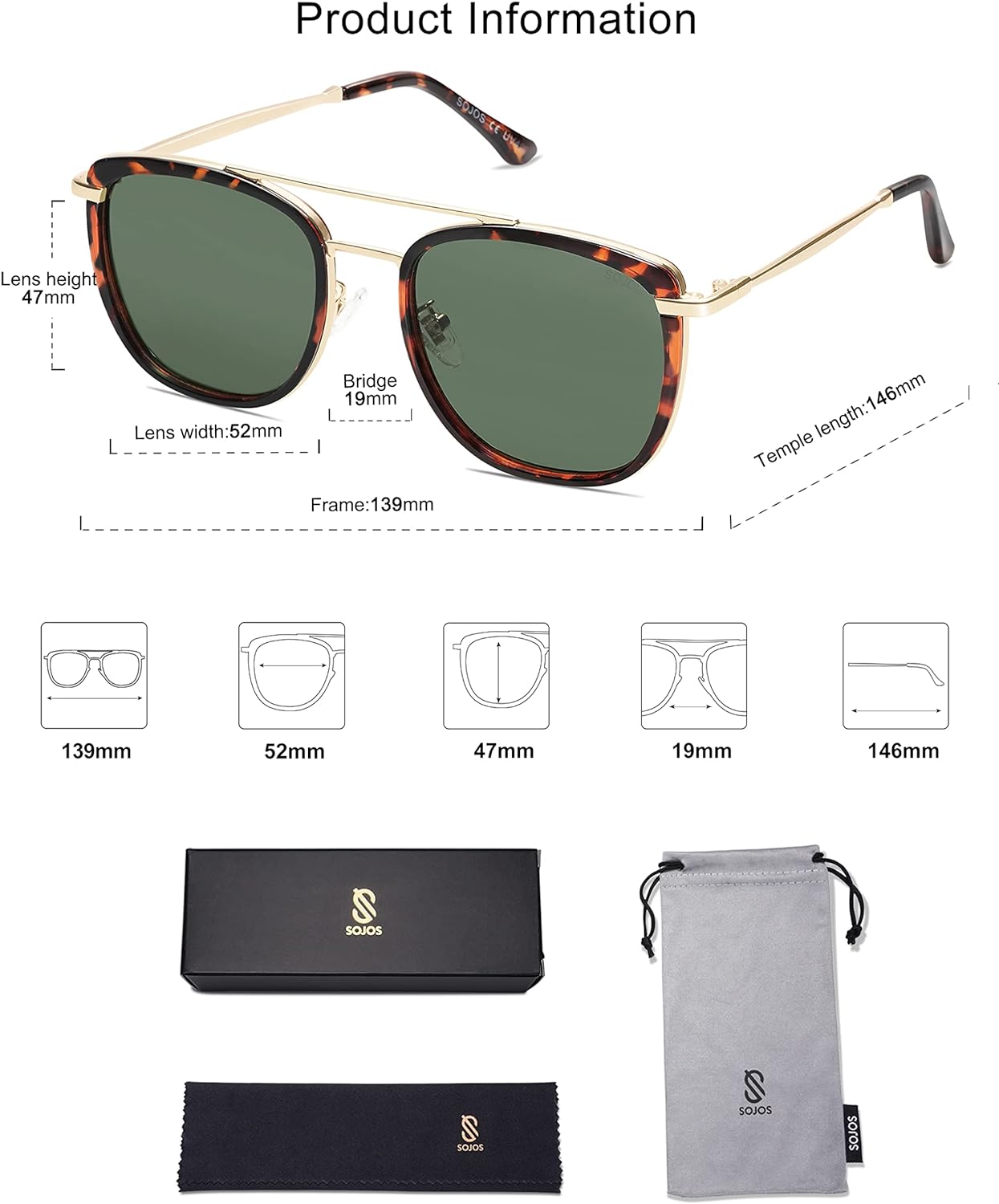 SOJOS Retro Aviator Square Polarized Sunglasses For Women MenVintage Womens Sun Glasses Shades UV400 SJ2180TortoiseGreen