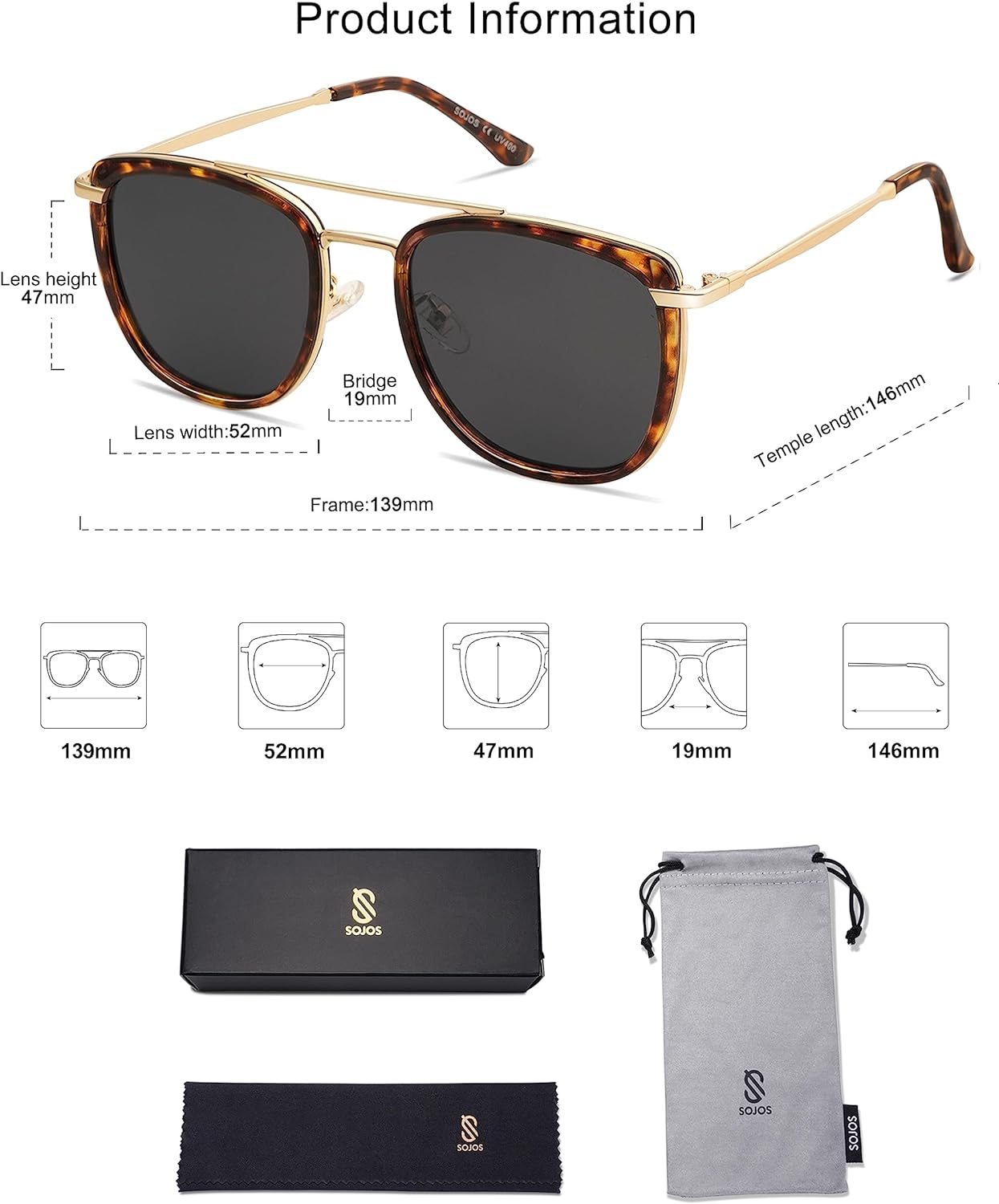 SOJOS Retro Aviator Square Polarized Sunglasses For Women MenVintage Womens Sun Glasses Shades UV400 SJ2180TortoiseGrey