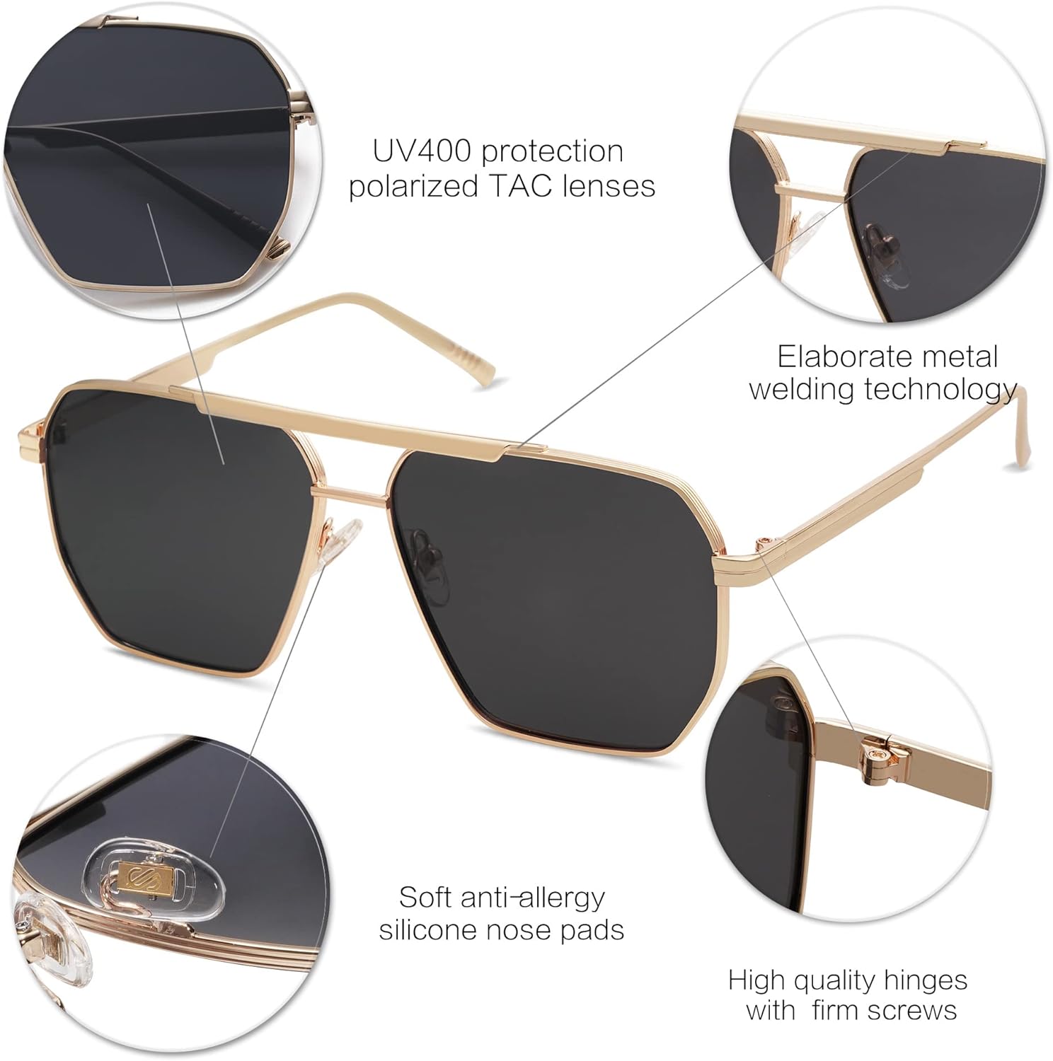 SOJOS Retro Oversized Square Polarized Sunglasses for Women and Men Vintage Shades UV400 Classic Large Metal Sun GlassesGold