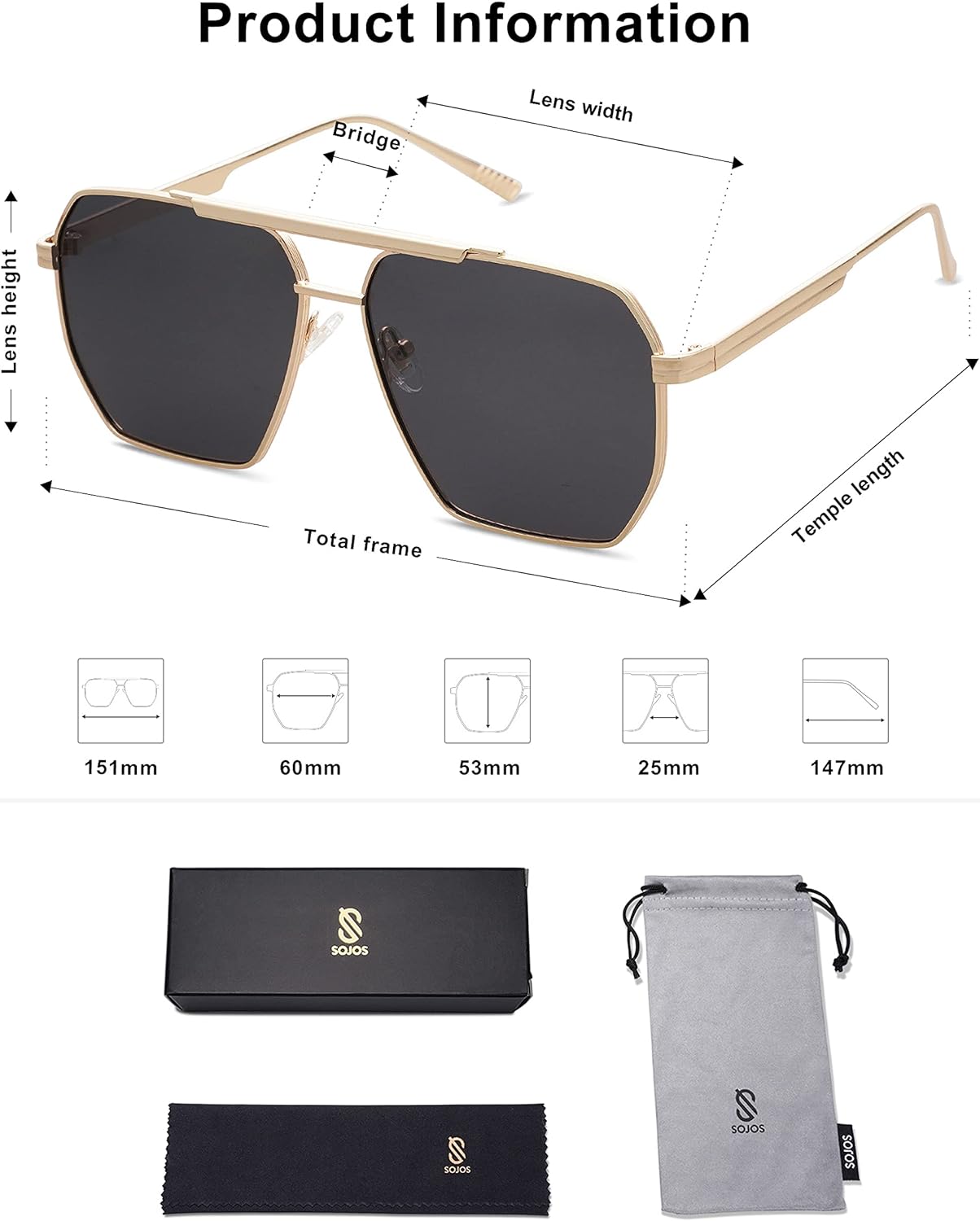 SOJOS Retro Oversized Square Polarized Sunglasses for Women and Men Vintage Shades UV400 Classic Large Metal Sun GlassesGold
