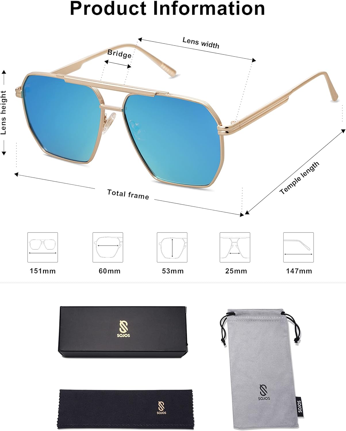 SOJOS Retro Oversized Square Polarized Sunglasses for Women and Men Vintage Shades UV400 Classic Large Metal Sun GlassesK Gold