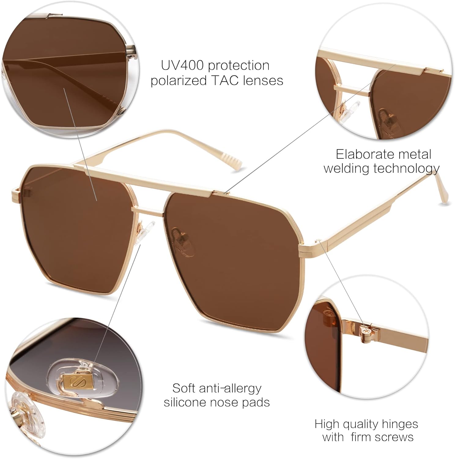 SOJOS Retro Oversized Square Polarized Sunglasses for Women and Men Vintage Shades UV400 Classic Large Metal Sun GlassesLight Gold