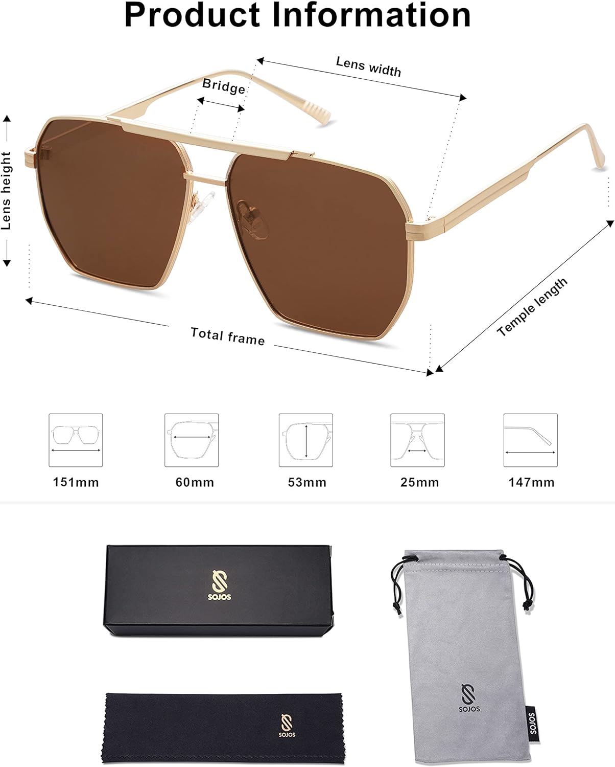 SOJOS Retro Oversized Square Polarized Sunglasses for Women and Men Vintage Shades UV400 Classic Large Metal Sun GlassesLight Gold