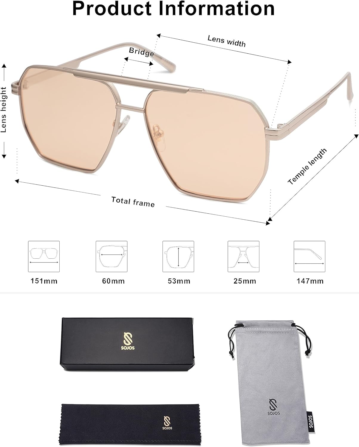 SOJOS Retro Oversized Square Polarized Sunglasses for Women and Men Vintage Shades UV400 Classic Large Metal Sun GlassesLight GoldLight Brown