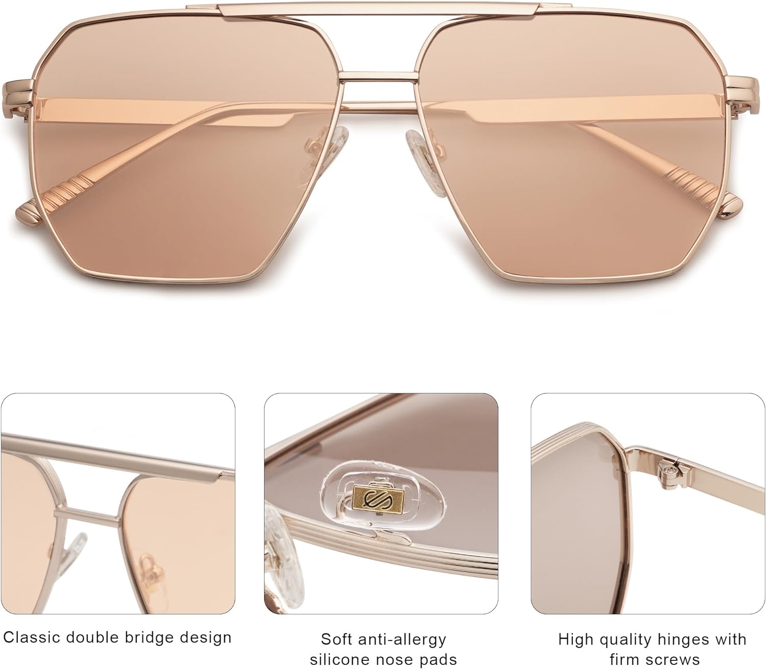 SOJOS Retro Oversized Square Polarized Sunglasses for Women and Men Vintage Shades UV400 Classic Large Metal Sun GlassesLight GoldLight Brown