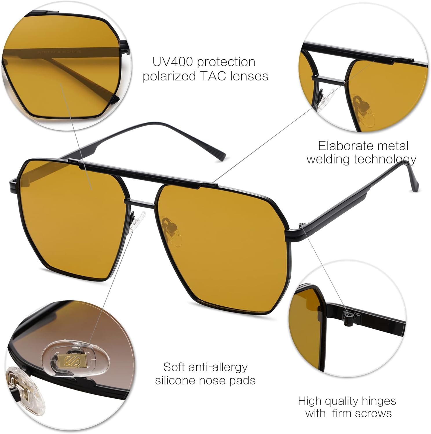 SOJOS Retro Oversized Square Polarized Sunglasses for Women and Men Vintage Shades UV400 Classic Large Metal Sun GlassesMatt Black